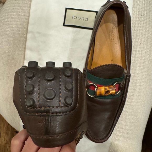 GUCCI LOAFER LETHER DARK BROWN WEB BAMBOO SLIP ON LOAFER SIZE 38 - Picture 9 of 9